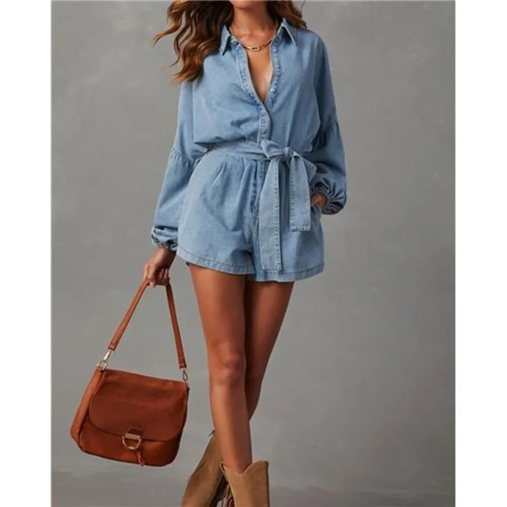 Women's Casual Denim Romper - Picture 5 of 7